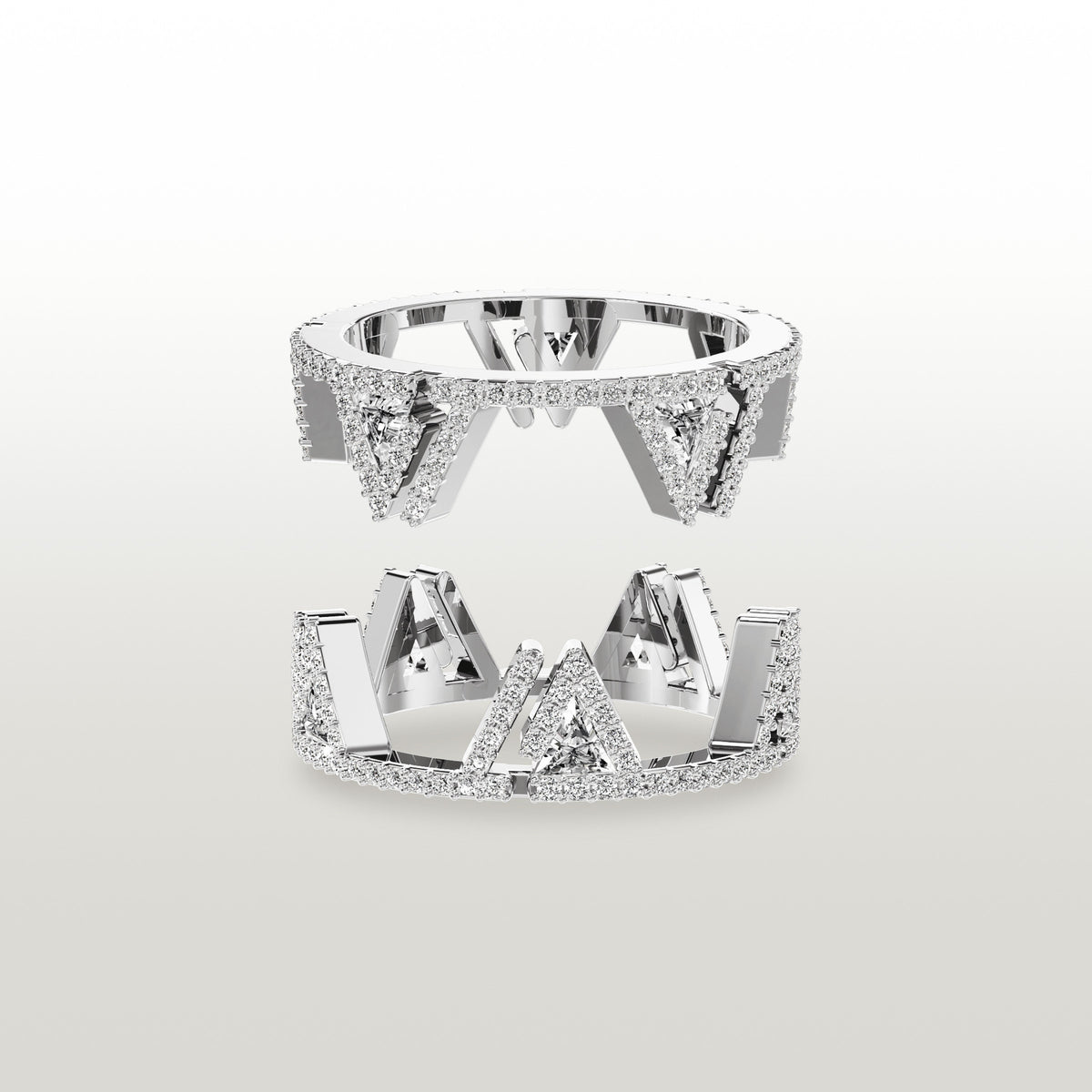 De Leville LILLO Regale 18K白金戒指,兩個相扣的半邊分開展示