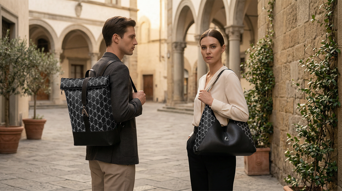 Man and woman walking through an outdoor setting with De Leville patterned backpack and a De Leville Lilly hobo black handbag.