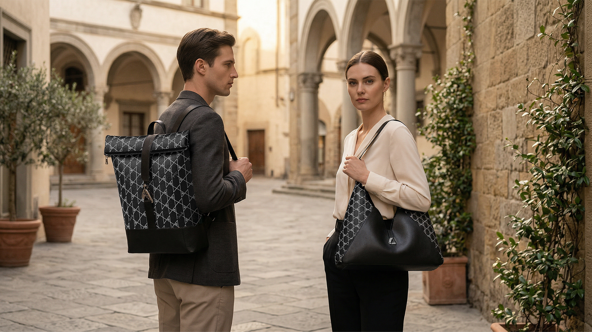 Man and woman walking through an outdoor setting with De Leville patterned backpack and a De Leville Lilly hobo black handbag.